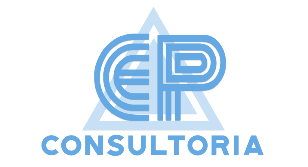 Imagem da logomarca da EP Consultoria, com um grande triângulo azul em seu centro. No interior do triângulo azul contém um outro triângulo branco. Na imagem está escrito (EP Consultoria), assim distribuído: sobreposto ao triângulo azul estão as letras (E e P) estilizadas em azul. Abaixo do triângulo azul e das letras estilizadas está escrito ‘(CONSULTORIA’), também em azul.